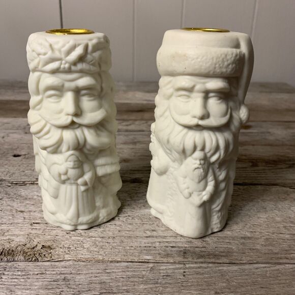 Santa Claus Christmas Pillar Candle Holders Ceramic Decor 5 in. Vintage Taiwan - Picture 1 of 10